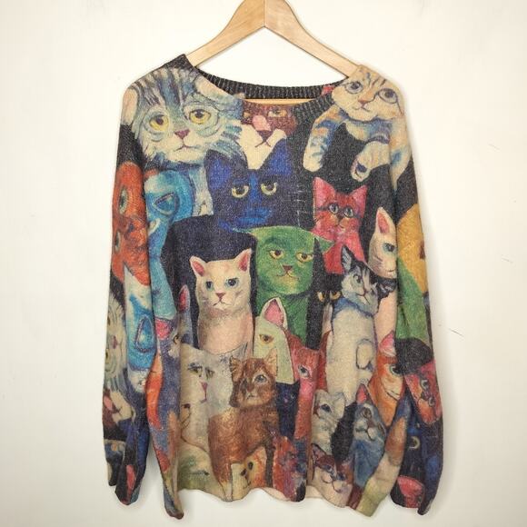 YESNO Wool Blend Cat Faces Sweater 2X 3X Cat Lady Fuzzy - Picture 1 of 12